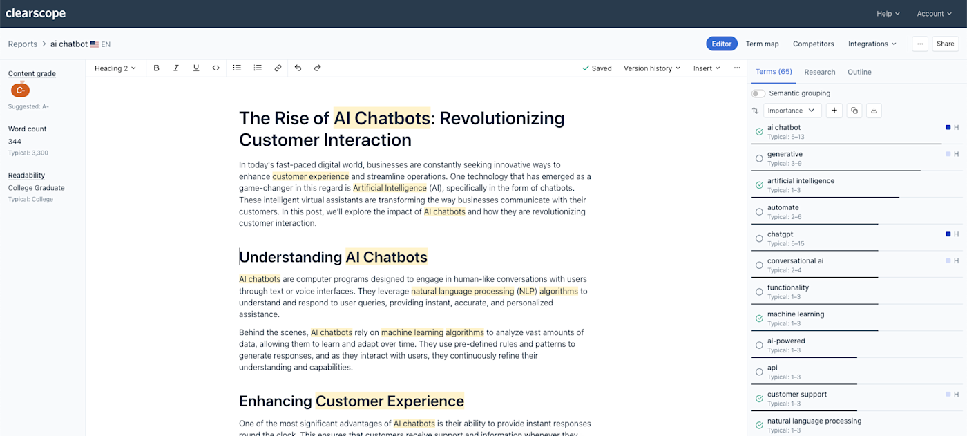 Screenshot of Clearscope's content editor