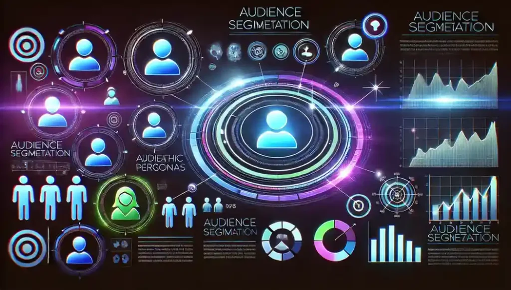 A futuristic audience segmentation interface with glowing icons representing different user personas. Floating graphs show demographic data and interests. Leverage Audience Targeting chaudhary & consultants chaudharyco.com