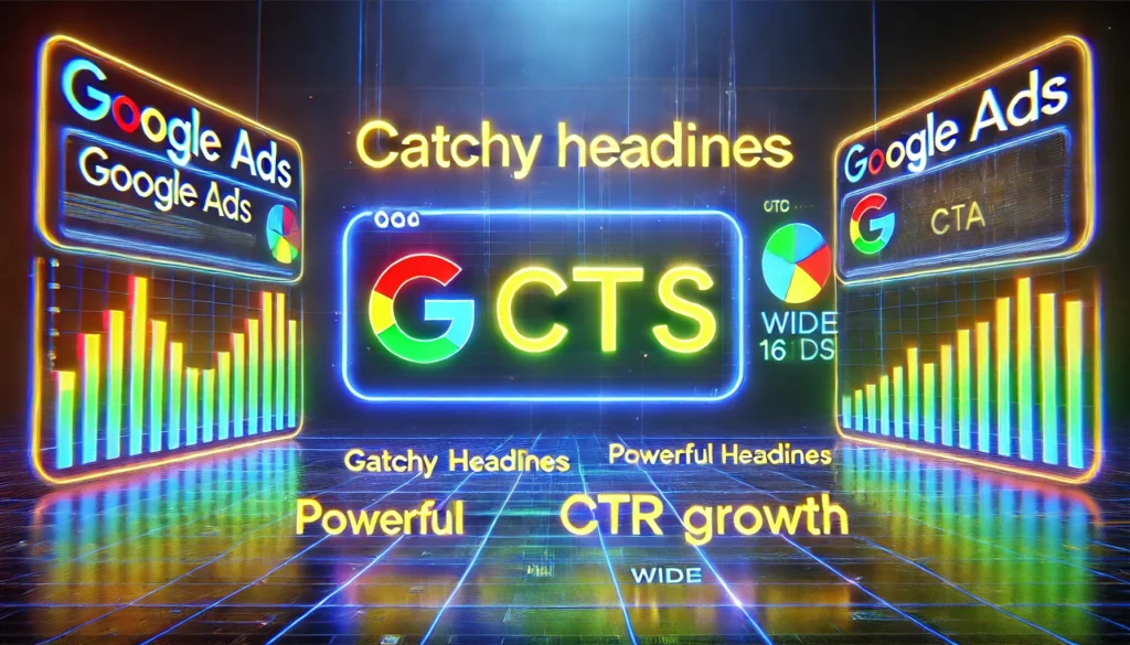 A Google Ads interface with glowing text displaying catchy headlines and powerful CTAs. The background shows a dynamic chart indicating CTR growth. chaudhary & consultants chaudharyco.com